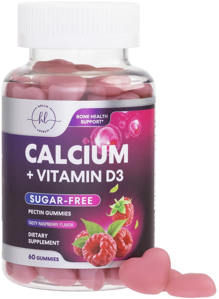 Kalziumergänzungsmittel für Damen - Zuckerfreie Kalzium-Gummien mit Vitamin D3 für Knochenstärke, Zahn- und Immungesundheitsunterstützung, Natürliche Kaugummis für Damen und Herren - Raspberry Flavored & Non-GMO - 60 Gummis