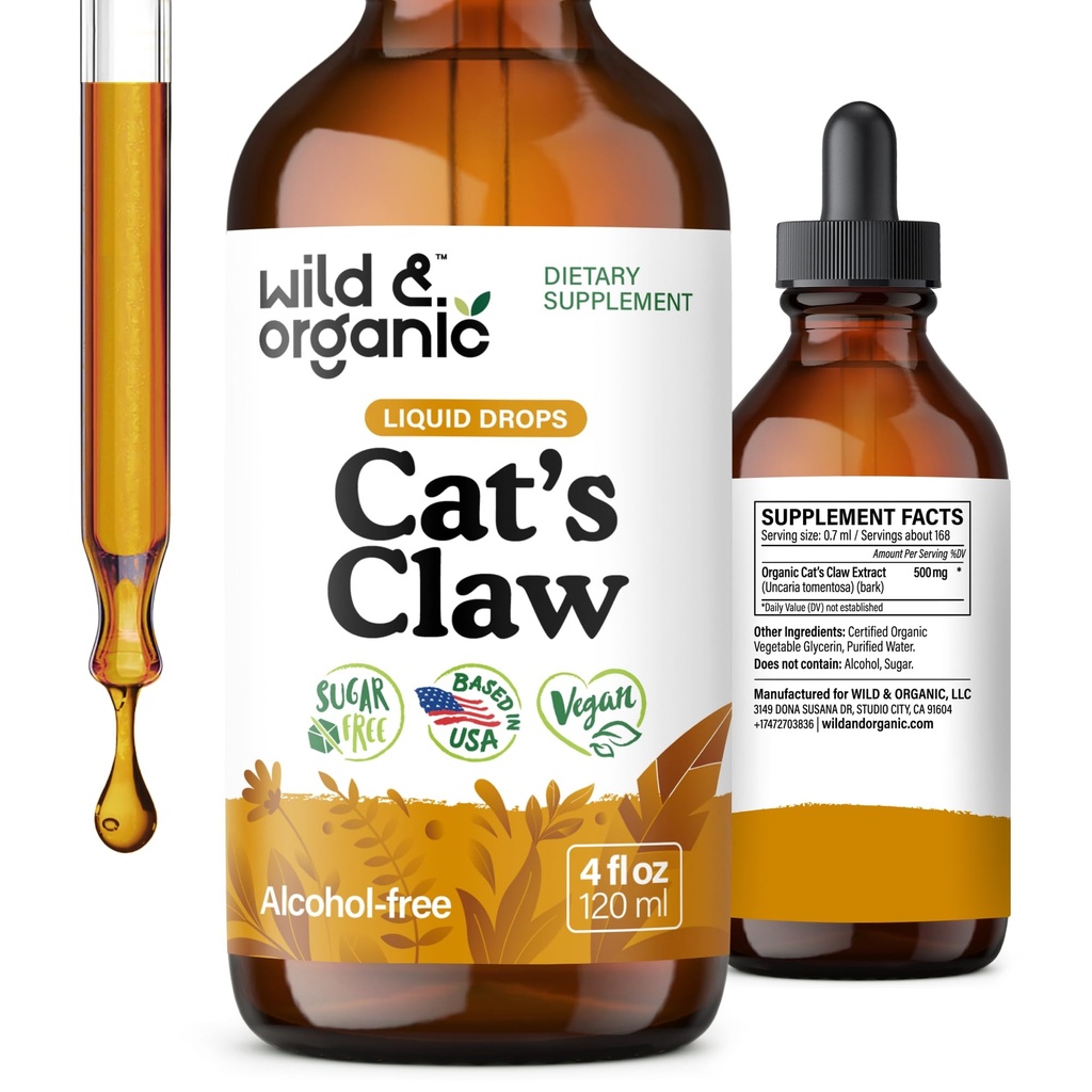 Wild & Organic Cats Claw Tincture - Immununterstützungsergänzung - Cats Claw Herb Liquid Extract - Vegan, Zucker & Alkoholfreie Bark basierte Tropfen - 4 fl oz