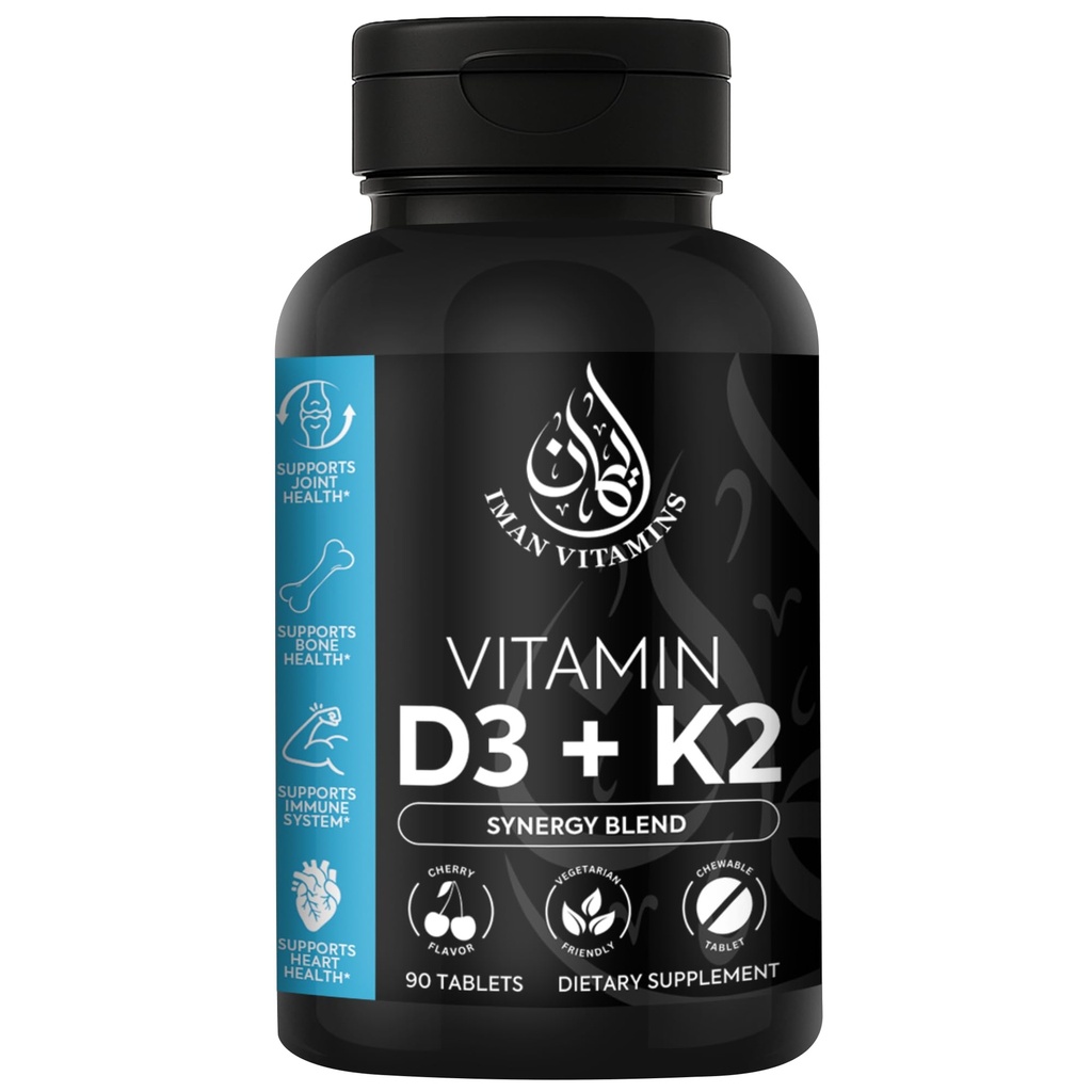 Halal Vitamin D3 mit K2 Kautabletten - Vitamin D 2000 iu + Menaquinone-7 (MK7) | Unterstützt Herzgesundheit, Knochen und Muskeln Gesundheit | 90 Zähler für Männer und Frauen