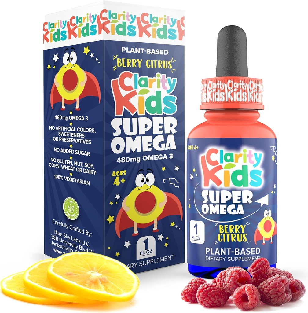 Clarity Kids Super Omega mit DHA + EPA Omega 3 für bessere Fokussierung und Qualität Schlaf Algenöl Omega 3 Flüssigkeit (1 mL pro Servierung) Alle natürlichen DHA Tropfen für Kinder USA Made Supplement (1 fl oz)