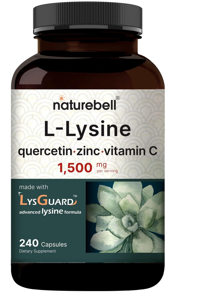 NatureBell L-Lysine 1000mg Kapseln + Quercetin 250mg mit Vitamin C und Zink, 240 Count | Free Form Aminosäuren, L Lysine Complex | Immununterstützung, Lip & Skin Health Supplement