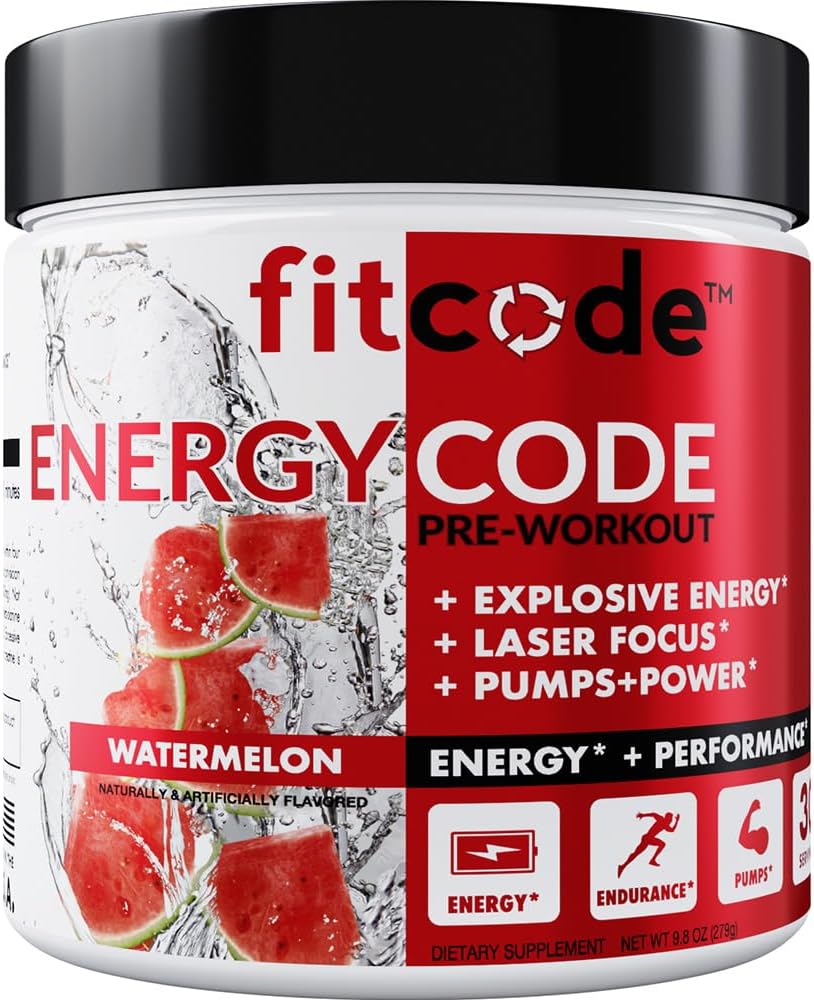 fitcode EnergyCode - Pre Workout mit Kreatinpulver - Energy & Performance Drink - Muskelkraft & Endurance Supplement - Enthält Koffein - 30 Servierungen - Wassermelone