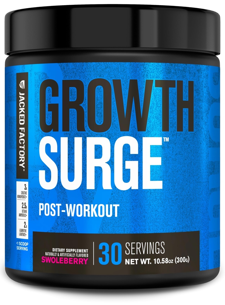 Jacked Factory Growth Surge Creatine Post Workout w/L-Carnitin - Tägliche Muskelaufbau und Erholungsergänzung mit Kreatin Monohydrat, Betaine, L-Carnitin L-Tartrate - 30 Servietten, Swoleberry