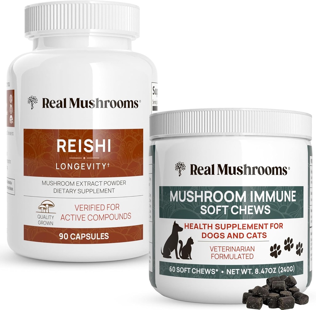 Echte Pilze Reishi Kapseln für Menschen (90ct) & Pilz Immune Pet Chews (60ct) - Bundle für Langlebigkeit, Entspannung & Immunität - Ashwagandha, Asalus & More - Vegantrag, Non-GMO, Gluten-Free
