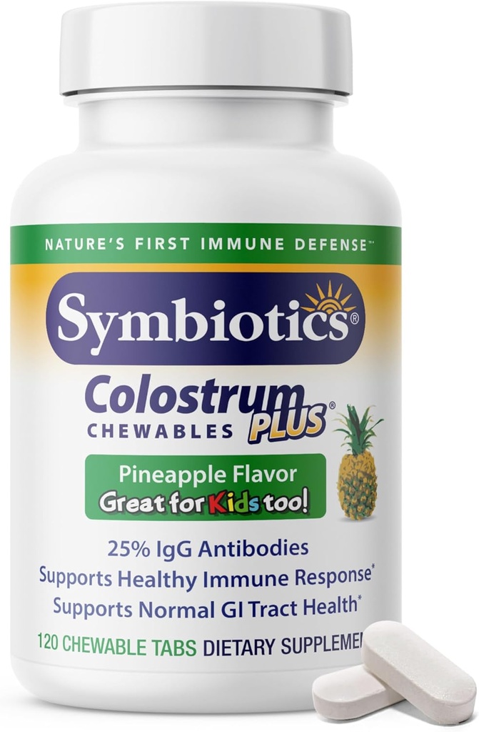 Symbiotics Colostrum 120ct Chewables Plus - Immunität Unterstützung für Erwachsene & Kinder - Lactoferrin Supplement & Colostrum Protein - Unterstützt Verdauung & Gut - 25% lgG Antikörper, Glutenfrei - Ananas