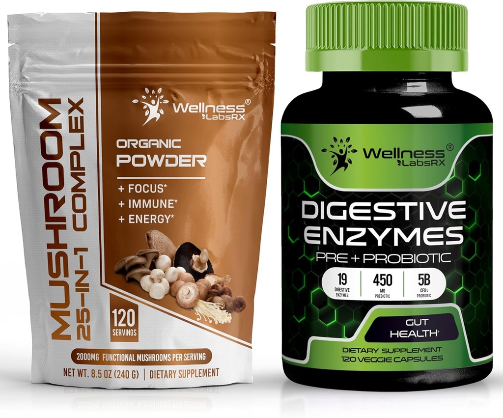 WELLNESS LABSRX Pilzpulver 2000mg - Verdauungsenzyme mit Probiotika und Präbiotika