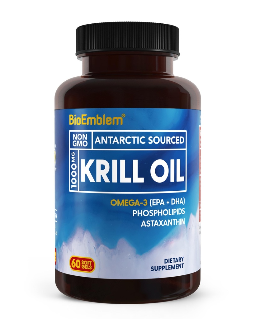 BioEmblem Antarktis Krill Öl Ergänzung | 1000mg | Omega-3 Öl mit hohen Ebenen von EPA + DHA, Astaxanthin und Phospholipide | Kein Fisch Nachgeschmack | 60-Count Non-GMO Softgels