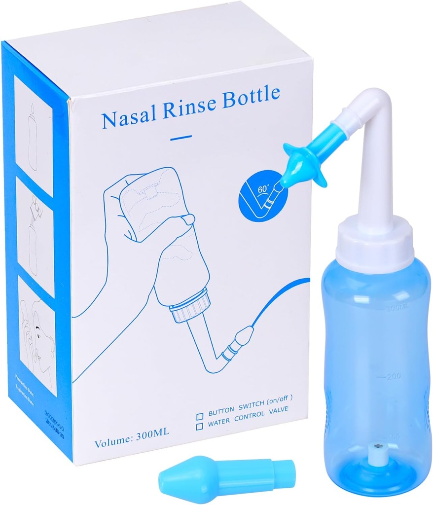 Neti Pot Sinus Rinse Bottle Druck Nasenbewässerung Wash Sinus Rinsing Kit Flasche Nasenreiniger für Erwachsene & Kinder BPA Kostenlos (300ML, Blau)