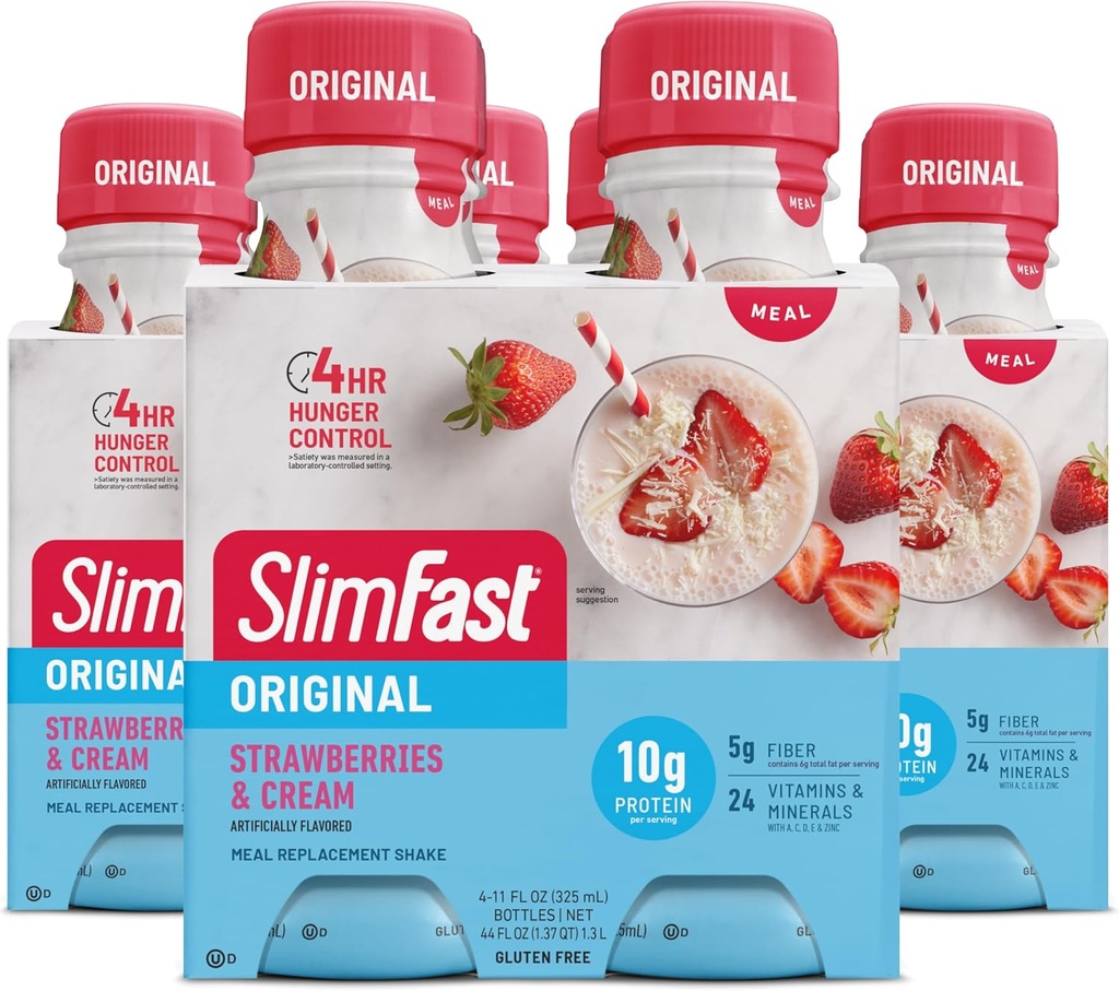 SlimFast Meal Ersatz Shake, Original Erdbeeren & Cream, 10g Ready to Drink Protein for Weight Loss, 11 Fl. Oz Bottle, 4 Count (Pack of 3) (Packaging May Vary)