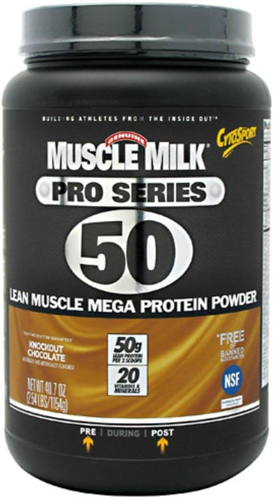 Muscle Milk Pro Series Protein-Pulver-Ergänzung, Knockout Schokolade, 2.54 Pfund, 14 Portionen, 50g Protein, 3g Zucker, 20 Vitamine & Minerals, NSF zertifiziert für Sport, Verpackung Mai Vary