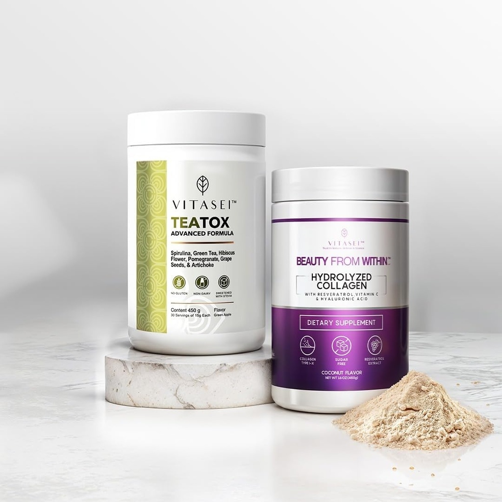 VITASEI Coconut Collagen & Teatox Detox Bundle – Hydrolysierte Collagen Peptide Powder & Cleanse unterstützen Pulver für Haare, Haut, Nägel und Verdauungsgesundheit