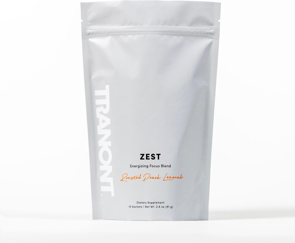 Tranont Zest Energizing Focus Mischung | Geröstete Peach Lemonade Energie Pulver | Glutenfrei, Sugar-Free mit grünem Tee L-Theanin, Vitamine & Antioxidantien für Energie, Fokus und Gesundheit | 15 Sticks