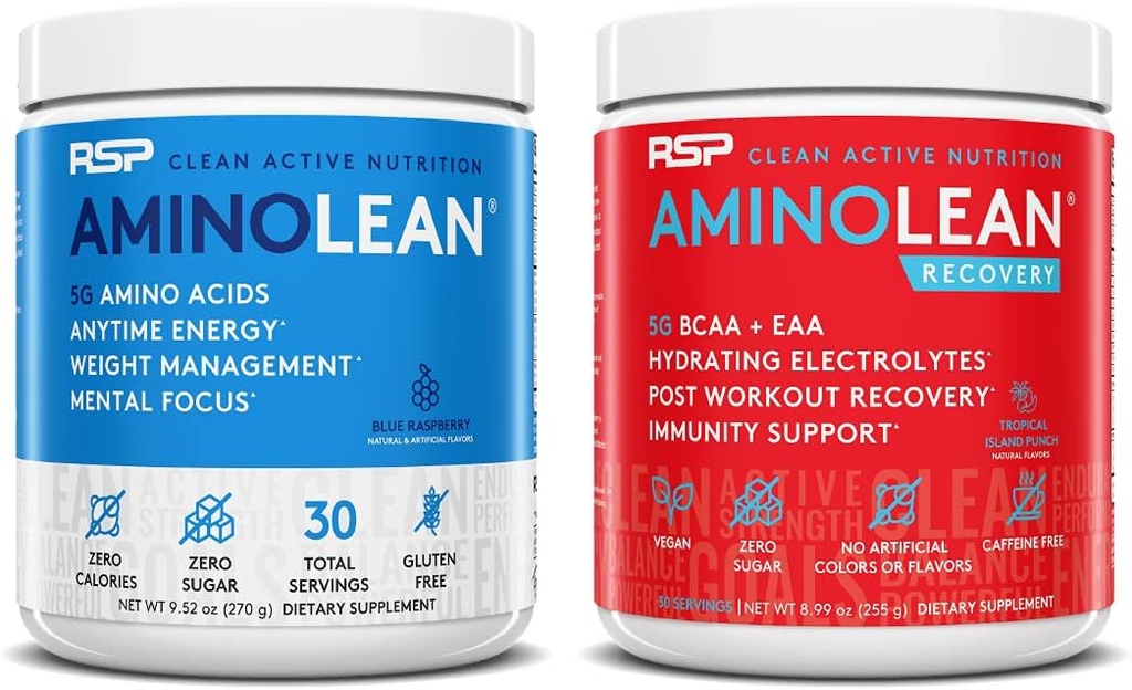 RSP NUTRITION AminoLean Pre Workout Energy (Blaue Himbeere 30 Servierungen) mit AminoLean Recovery Post Workout Boost (Tropical Island Punch 30 Servierungen)