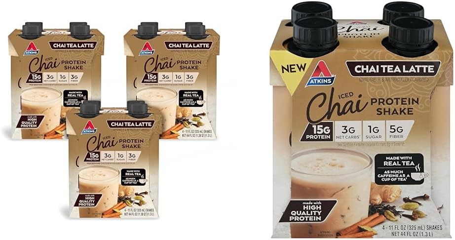 Atkins Chai Tea Latte Protein Shake Bundle mit 15g Protein, 3g Net Carb, 1g Sugar (4 Pack) Iced Chai Tea Latte Protein Shake