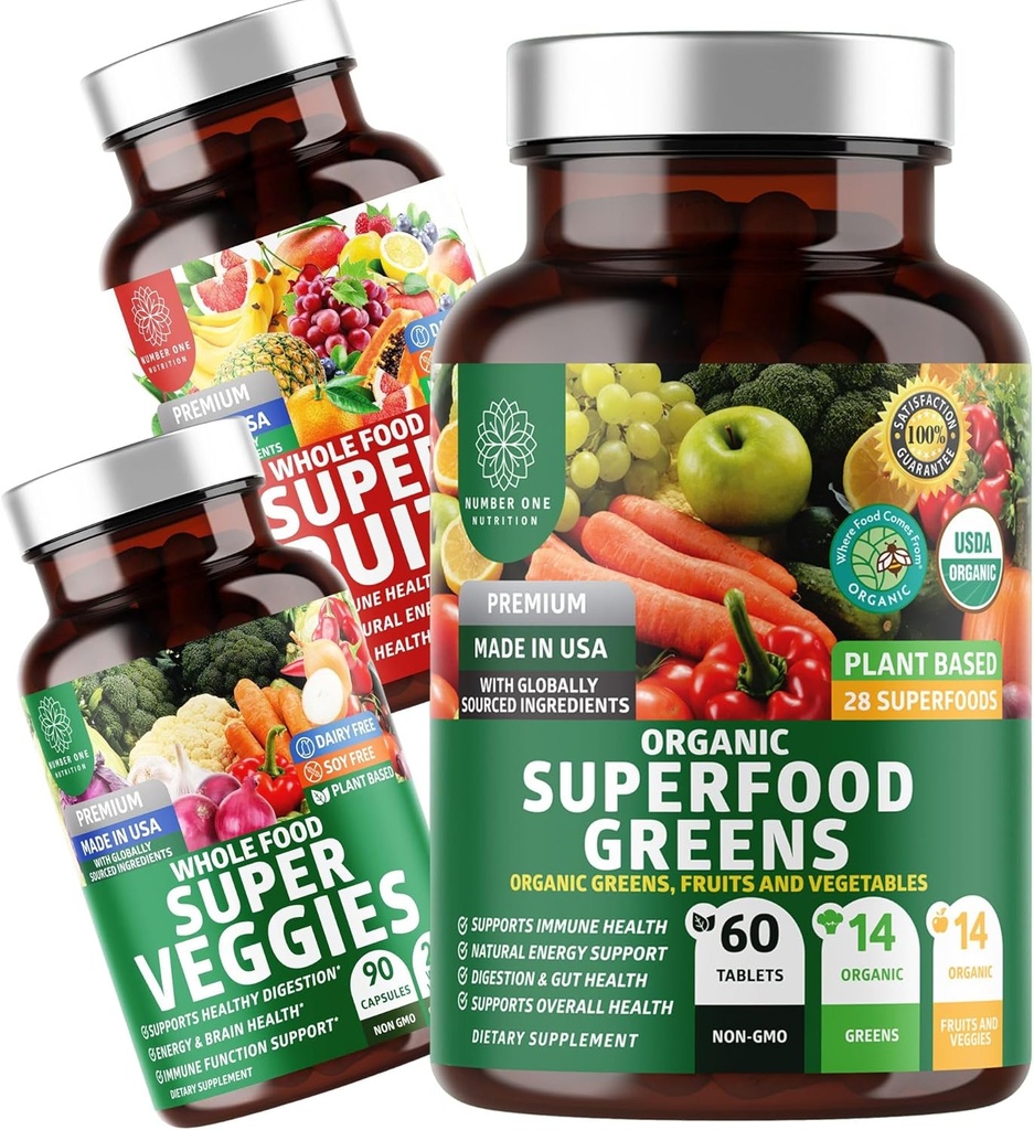 Number One Nutrition N1N Premium Superfood Greens [28 Leistungsfähige Zutaten] und Super Fruits & Veggies Supplement [40 Ganze Lebensmittel] - Komplette Superfood Bundle, 2 Pack