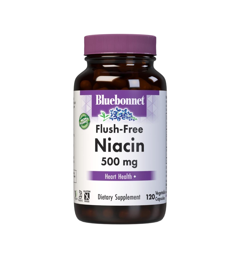 BlueBonnet Nutrition Flush-Free Niacin 500mg, für Ernährung Cardiovascular Support Gemüsekapseln, Soja/Dairy/Gluten Free, Non-GMO, Kosher Certified, Vegan, Weiß, 120 Count