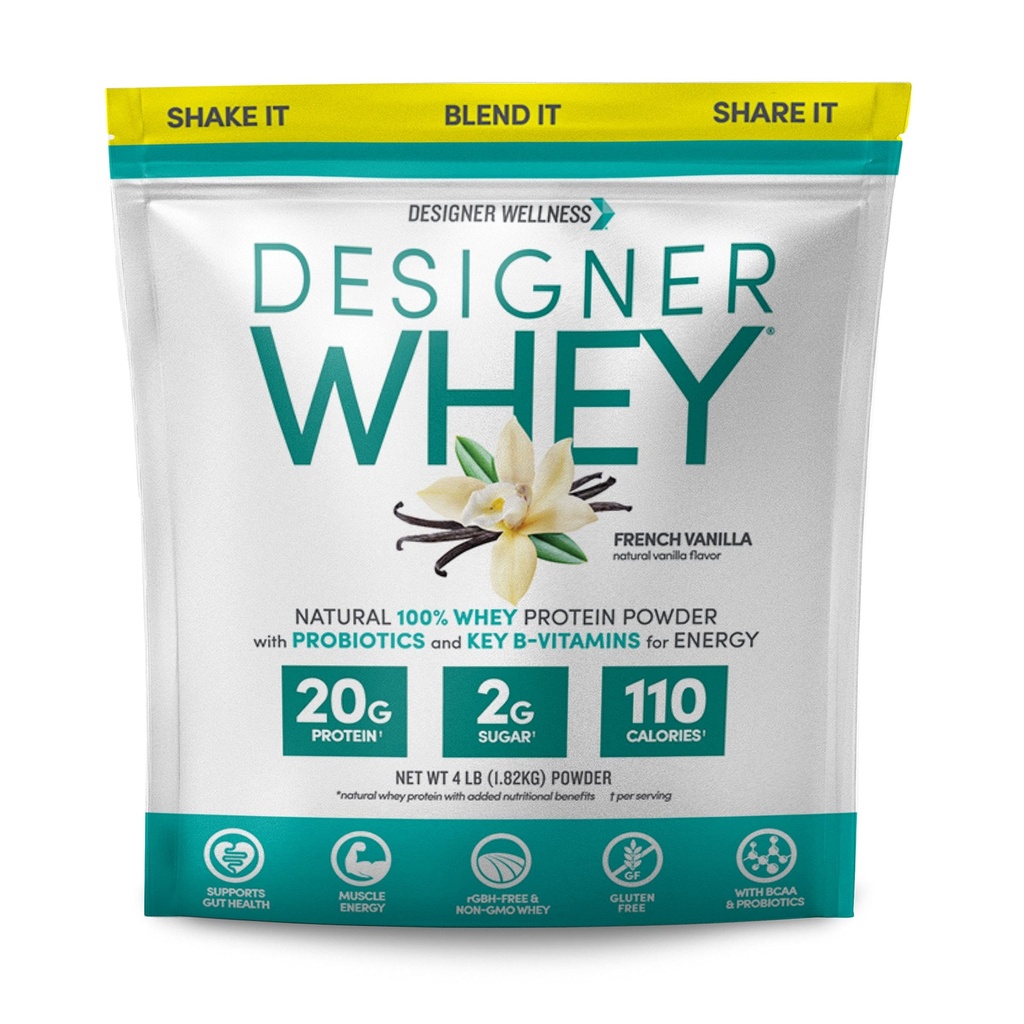 Designer Wellness, Designer Whey, Natural When Protein Powder with Probiotics, Fiber, and Key B-Vitamines for Energy, Gluten-Free, French Vanilla, 4 lb