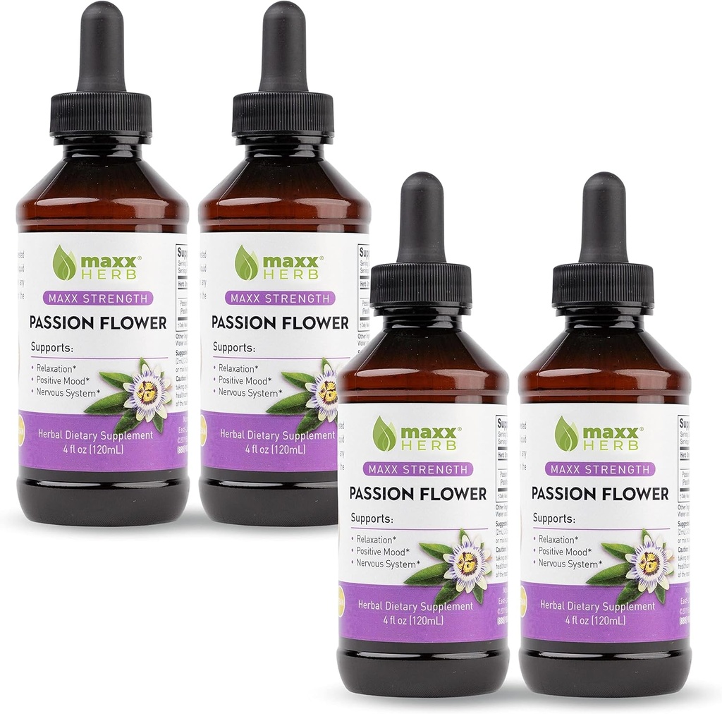 Maxx Herb Passion Blumenextrakt - Max Strength Passion-Flower Flüssigkeit absorbiert besser als Kapseln, für Entspannung und Stress Relief, Alkoholfrei - 4 Flaschen, 4 Oz Jeder (240 Servierungen)
