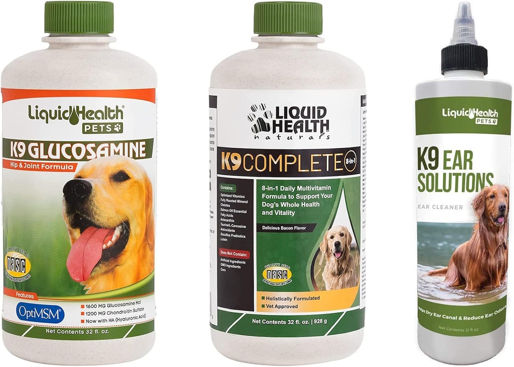 LIQUIDHEALTH Haustiere K9 Glucosamin Hip & Joint Formula, K9 Ear Wash Cleaning Solution, & K9 Complete 8-in-1 Dog Multivitamin - Pet Vitamin Bundle für gemeinsame Gesundheit, Mobilität, Immununterstützung - Made in USA