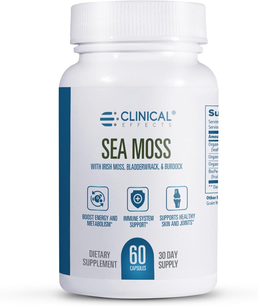 Klinische Effekte Sea Moss - Organic Irish Sea Moss Capsules mit Bladderwrack, Burdock Root und Bioperine für Schilddrüse, Herzgesundheit, Gewichtsmanagement und Energieunterstützung - 60ct - Made in USA