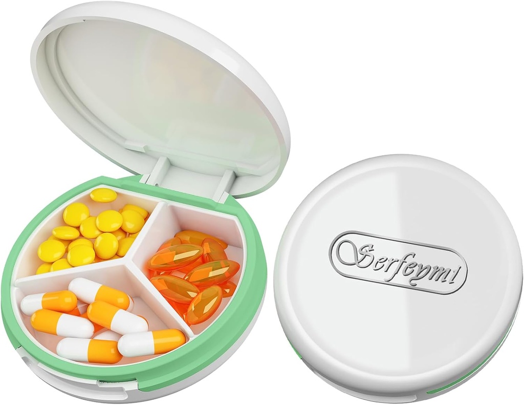 Serfeymi Small Pill Box - 3 Komponenten Tragbare Pille Box für Geldbörse Tasche, Compact Mini Travel Pill Case - Geeignet für Medizin, Vitamin, Fish Oil, Supplements - Weiß(Logo)