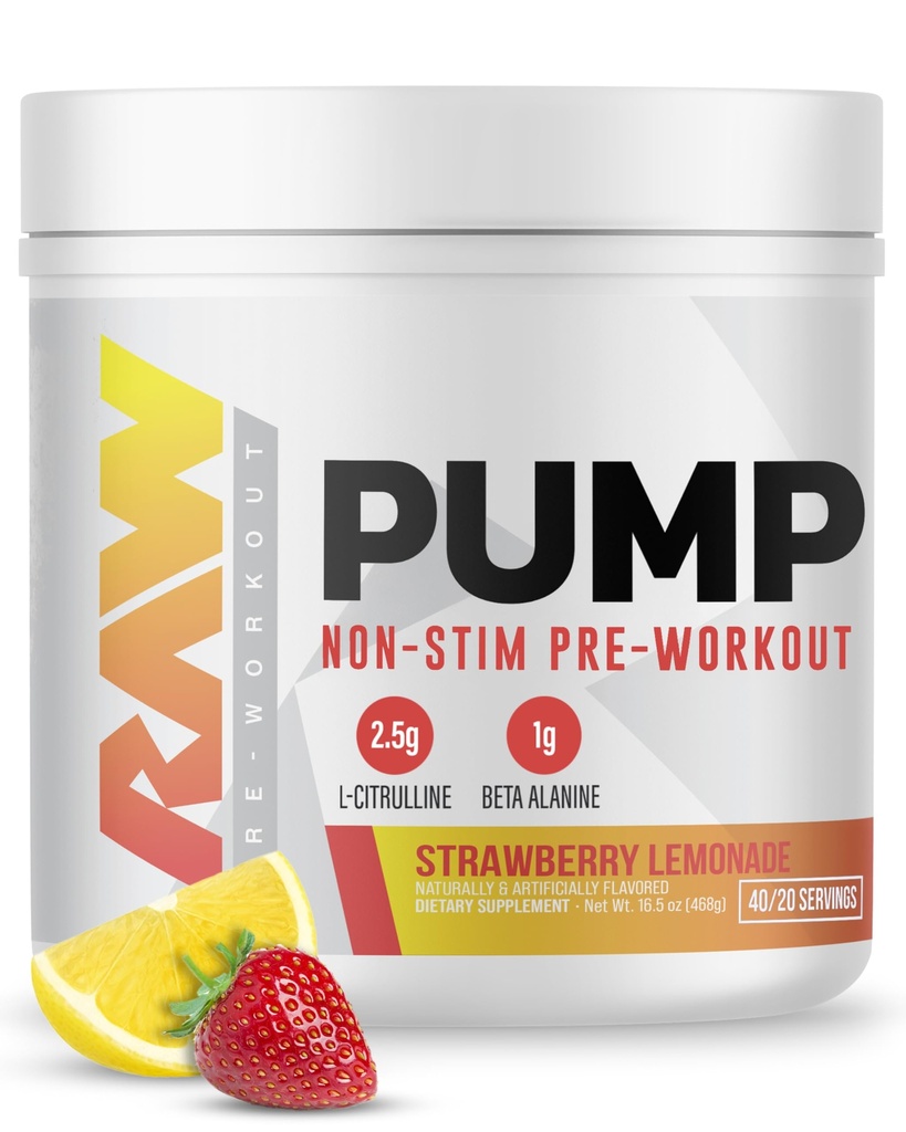 RAW Pump Stim Free Pre Workout (Strawberry Lemonade) - Nicht-Stimulant Pre Workout Supplement Pulver Stickstoffmonoxid Booster - Pre Workout Ergänzungen Trinken für während des Trainings - 40 Portionen