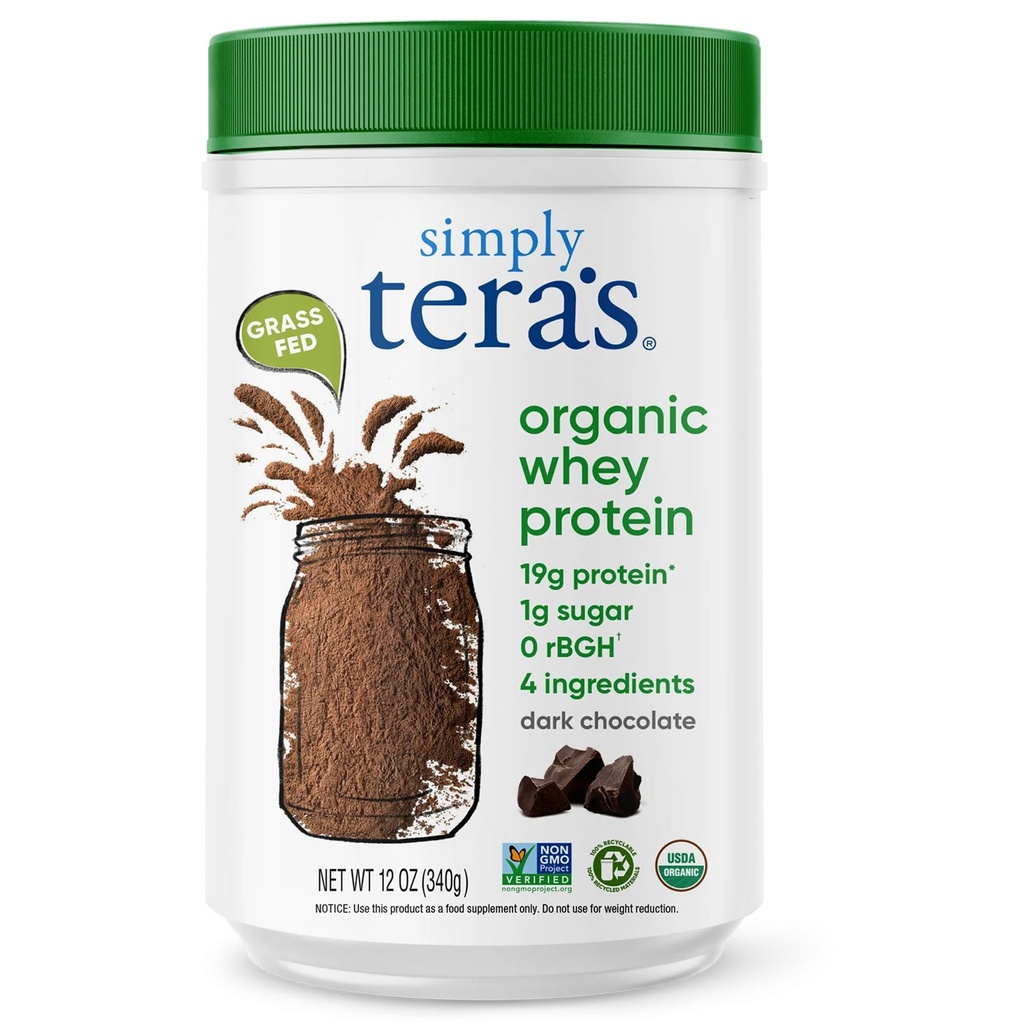 Einfach tera's Organic Whey Protein Powder - Grass Fed Whey Protein Pulver ohne künstliche Süßungsmittel, Clean, Non-GMO, Gluten-Free - Dark Chocolate, 12 Oz
