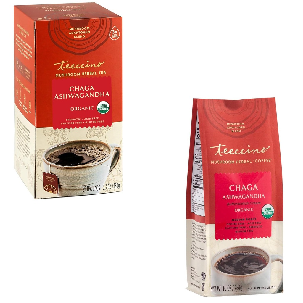 Teeccino Chaga Ashwagandha Tee & Chaga Ashwagandha Kaffee Alternative gebündelte Sammlung, Butterscotch Cream, Koffeinfrei & Säurefrei, Adaptogenic Kräuter Pilz Kaffee