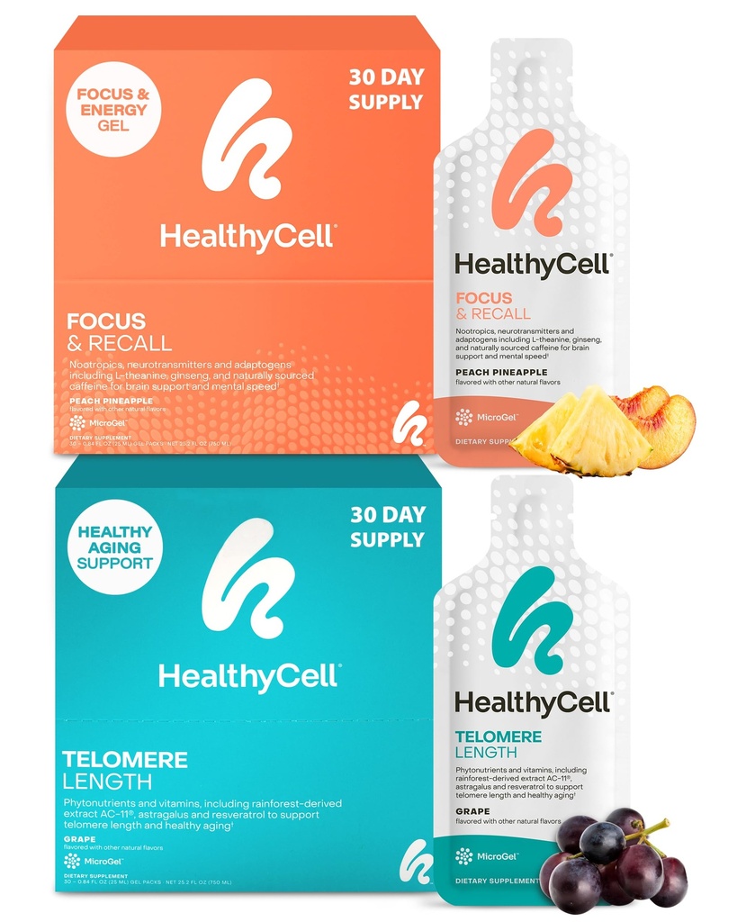 Healthycell Telomere Length Healthy Aging Supplement + Focus & Recall Brain Supplement for Memory & Focus Bundle