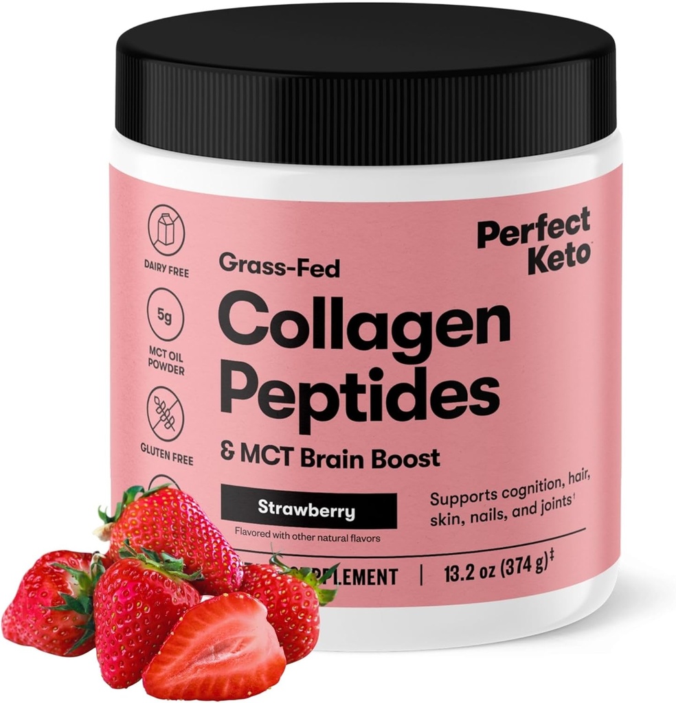 Perfect Keto Collagen Peptides Protein Pulver mit MCT Öl, hydrolysiertes Kollagen, Typ I & III Supplement, Glutenfreies Gras Fed, Low Carb, Keto Coffee Creamer, Kollagen für Frauen & Männer, Erdbeere