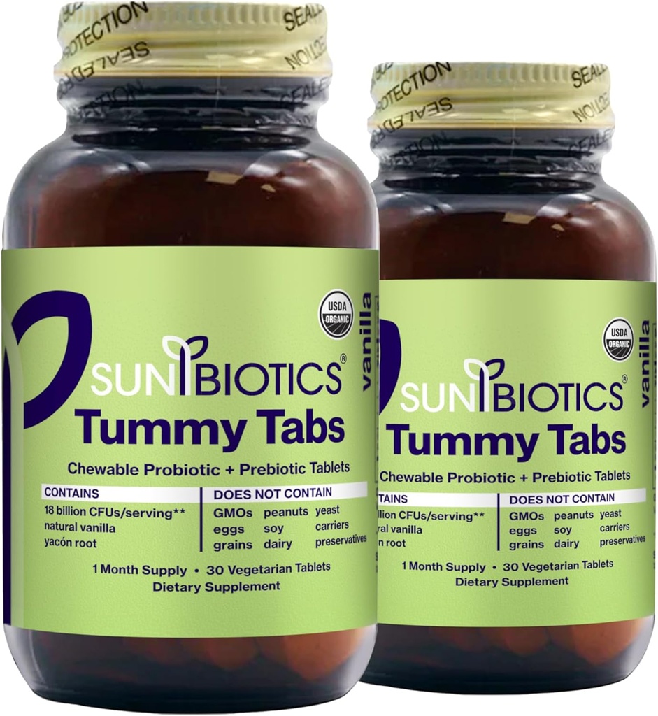 SUNBIOTICS Tummy Tabs - Kaubare probiotische und präbiotische Tablets mit 18 Billion CFUs von 4 probiotischen Strainen für Gut Flora, Immunsystem, & Balanced Microbiome - Vanilla, (Pack von 2)