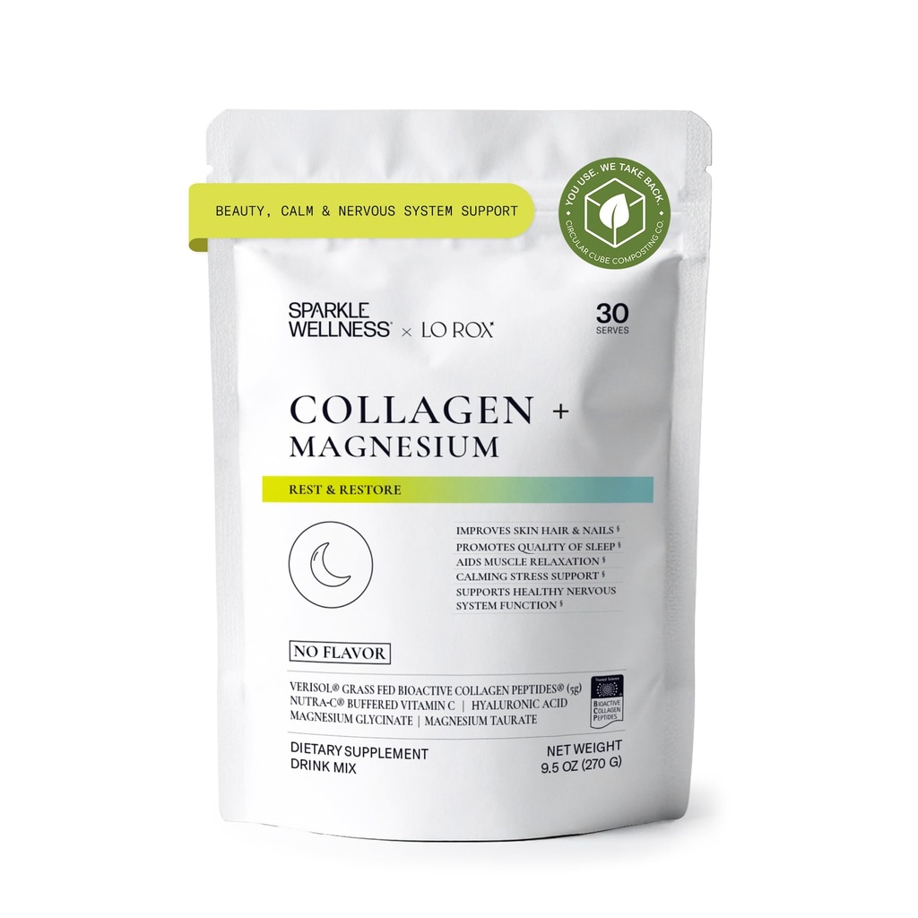 Collagen + Magnesium | VERISOL Bioactive Collagen Peptides, Magnesium Glycinate & Taurate Salts | Lauren Roxburgh Rest + Restore | Calming Nightly Beauty Routine (No Flavor) [30 Serves]