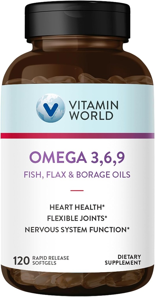 Vitamin World Triple Omega 3-6-9 3000mg mit Fisch, Flax, Borage & Evening Primrose Oils, Omega-3 Fettsäuren mit EPA & DHA, unterstützt Herz, Gehirn & Immungesundheit, Glutenfrei, 120 Softgels