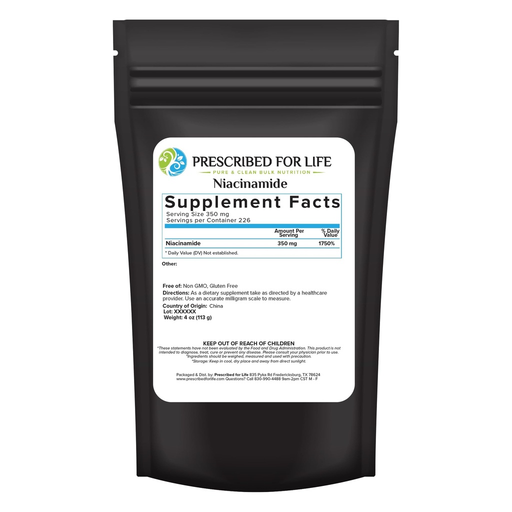 Prescribed For Life Niacinamide Powder (B-C), Fine Granular USP Grade Vitamin B3 Powder, Natural Nicotinamide Supplement, Gluten Free, Non GMO, Vegan, Niacinamida Pura (4oz / 113g)