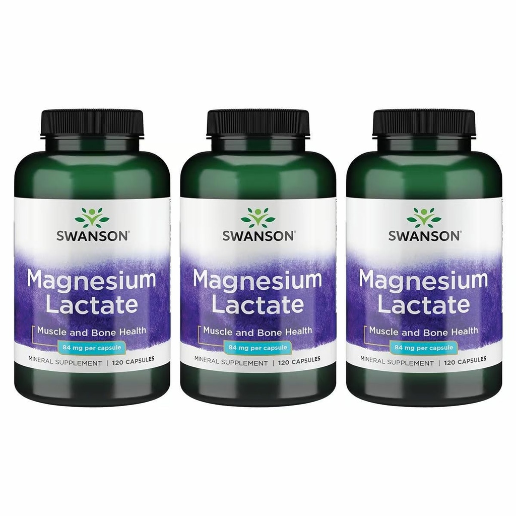 Swanson Magnesium Lactate - Mineralische Ergänzung Förderung Muskel- und Knochengesundheitsunterstützung - Lactosefreie Lactate Mineralform für gesunde Absorption - (120 Kapseln, 84mg Jeder) 3 Packung