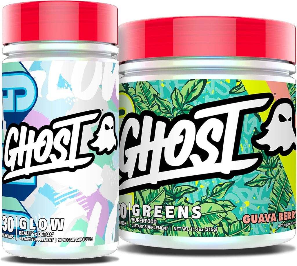 GHOST Bundles - Greens Superfood Powder (Guava Berry) & Glow Capsules Beauty und Detox Support