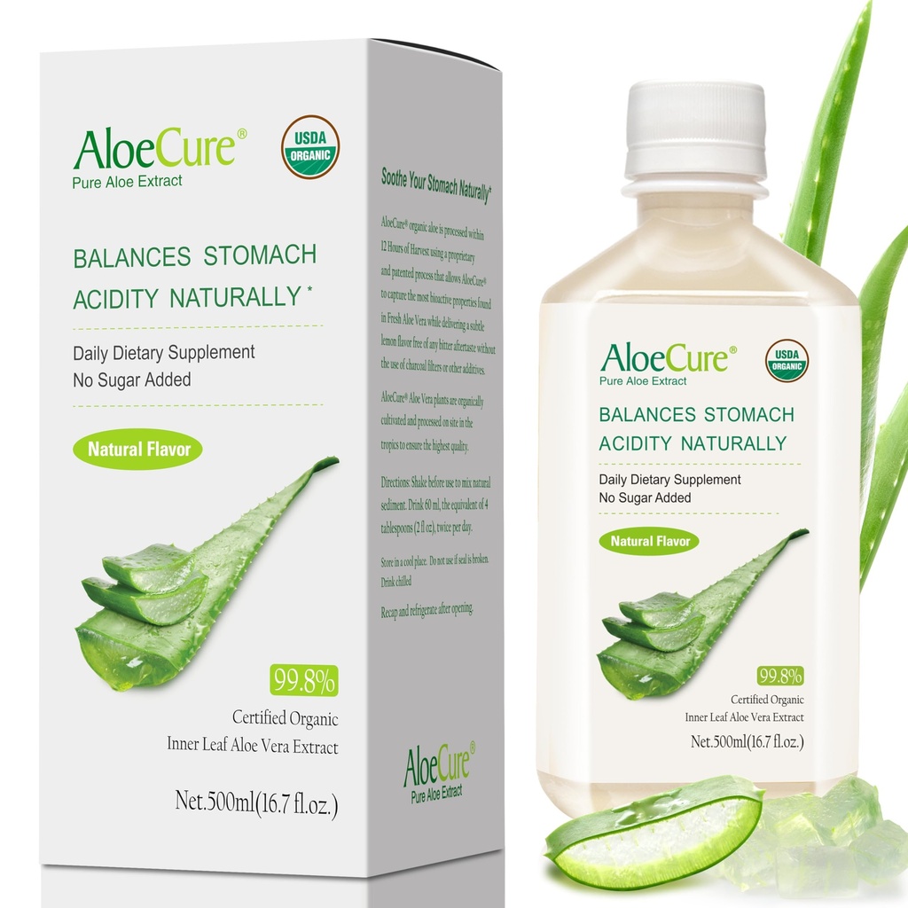 AloeCure USDA Organic Aloe Vera Juice Made innerhalb 12 Hrs of Harvest - Pure Aloe Juice Natürliche Verdauungsergänzung zur Unterstützung Verdauung, Immunsystem und Balanced Stomach Acidity, 500ml Flasche