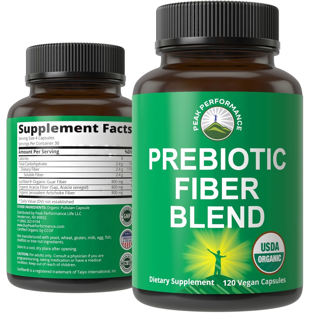 USDA Organic 3-in-1 Prebiotic Fiber - Vegan Kapseln für Gut, Verdauungsgesundheit. Rohe ganze Nahrungspflanze basierte Präbiotika Pillen Supplement mit Inulin (Jerusalem Artichoke), Akazienfasern, SunFiber