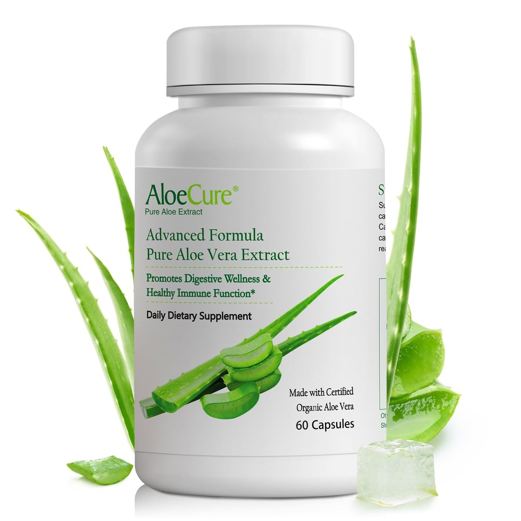 AloeCure Bio Aloe Vera Kapseln, 130.000mg Innere Aloe Blatt Equivelant per Servieren, Unterstützung Gut Gesundheit & Verdauungskomfort, Stomach Säure Puffer, natürliche Immunergänzung, Aloin Free, 60 Kapseln