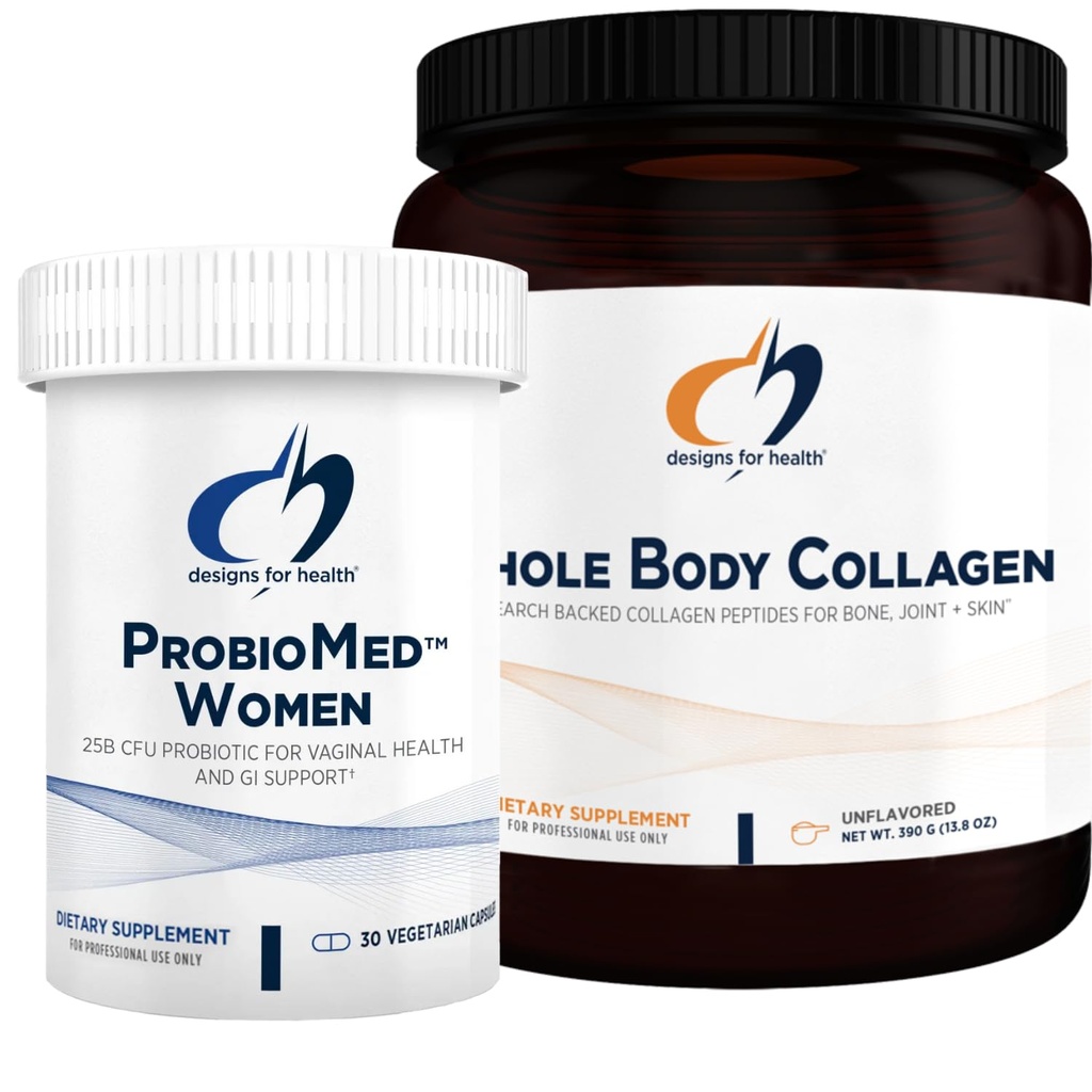 Designs für Gesundheit Collagen Pulver & Frauen Probiotische Bundle - ProbioMed Frauen (30 Kapseln) Darm Gesundheit & Vaginal Unterstützung Probiotische mit Ganzkörper Collagen (390g) Peptide für Knochen, Gelenk & Haut