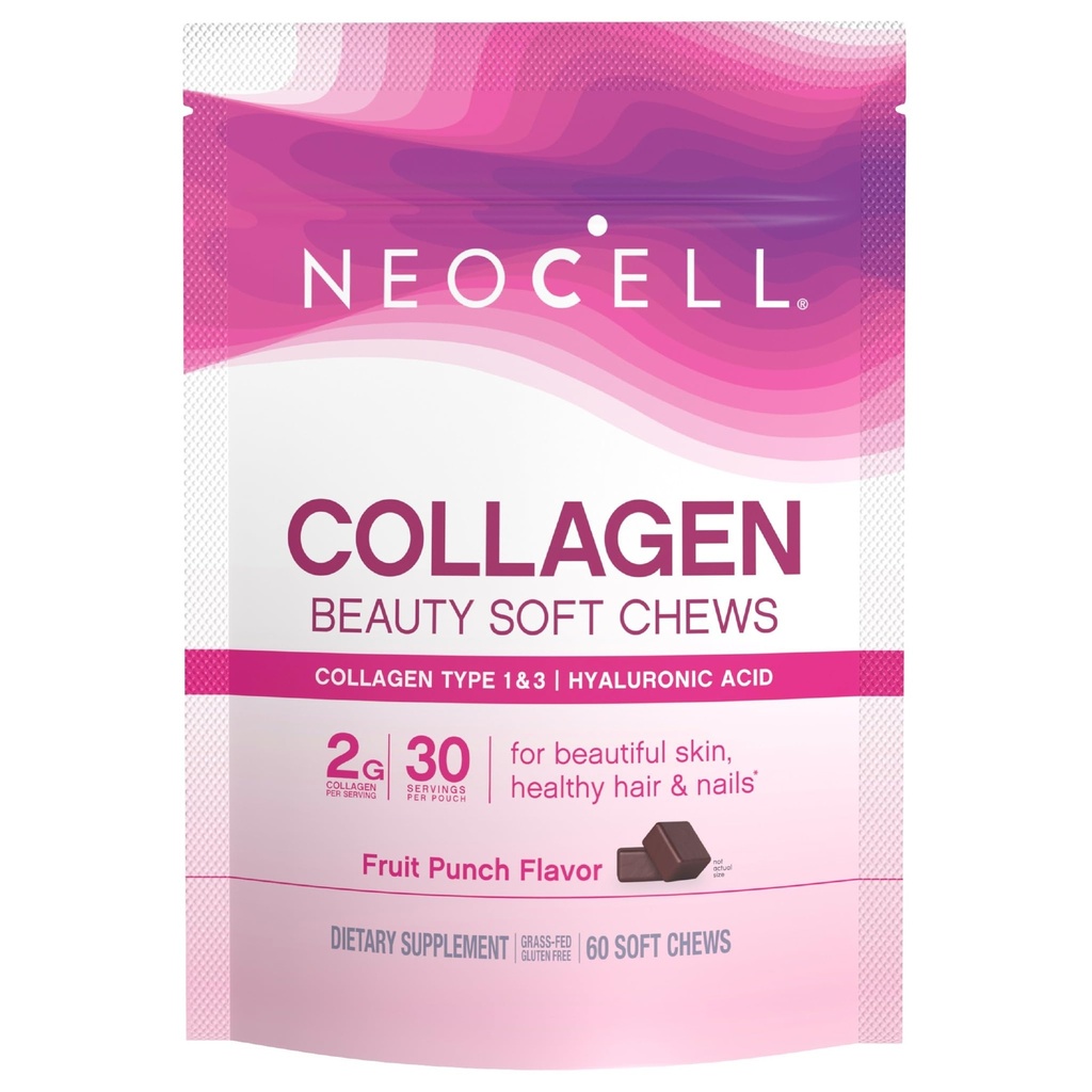 NeoCell Collagen Peptides Soft Chews | 60 Chewables | Beauty Bursts Supplement | with Hyaluronic Acid | Hair, Skin, & Nails | Fruit Punch Flavor