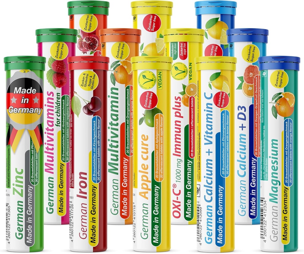 T&D Deutsches Vitamin, Mineralstoffe - 240 Vegan/Vegetarisches Getränk Effervescent Tabletten - Gemischte Obst-Flaschenbox - Made in Germany