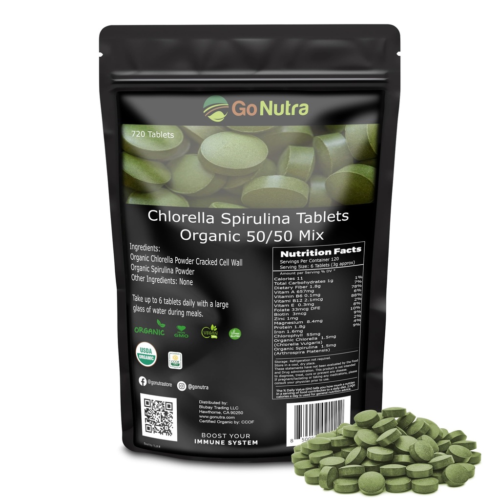 Go Nutra Organic Spirulina Chlorella Tabletten 50/50 Mischung | Nährstoffdichtes Superfood - Vegan Protein, Chlorophyll, Enzyme | 500mg Jede Chlorella Spirulina Tabletten, 720 Zähler, 4 Monate Versorgung