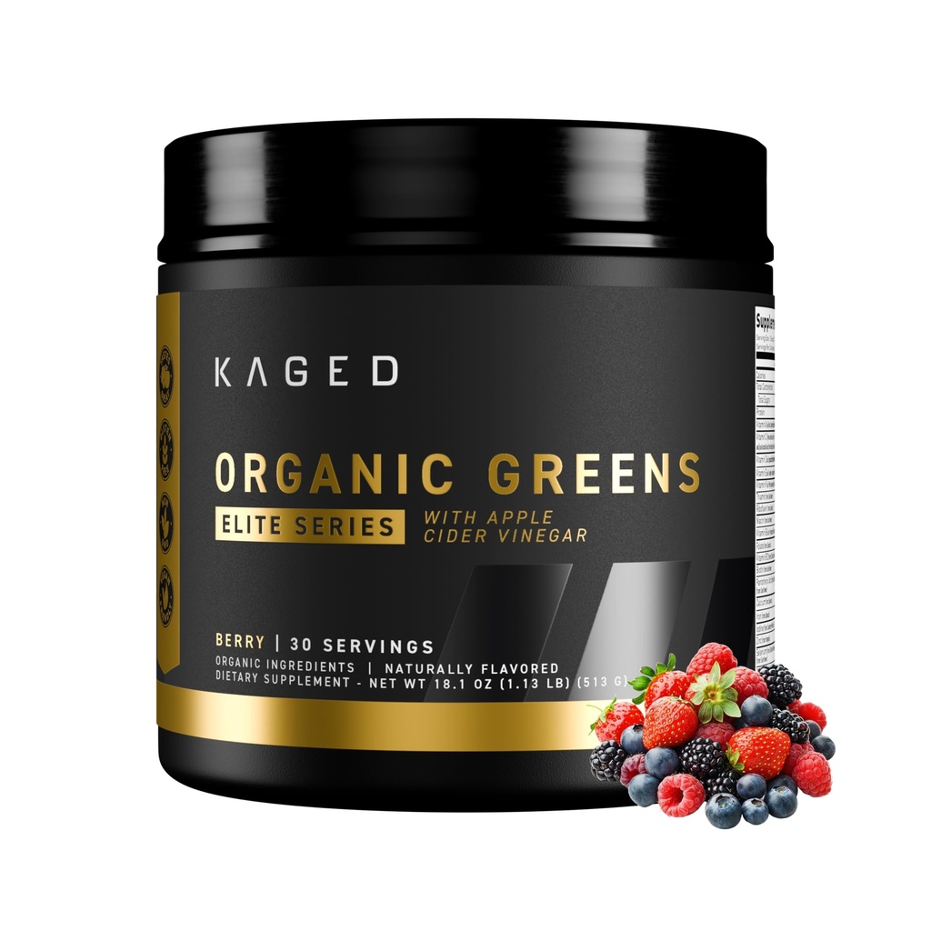 Kaged Organic Greens Elite Powder | Berry | Outlive 100 Superfood & Greens Powder | Apple Cider Essig, Adaptogen, Prebiotics | Vitamine & Minerals | Ergänzungen für Männer & Frauen | 30 Servierungen