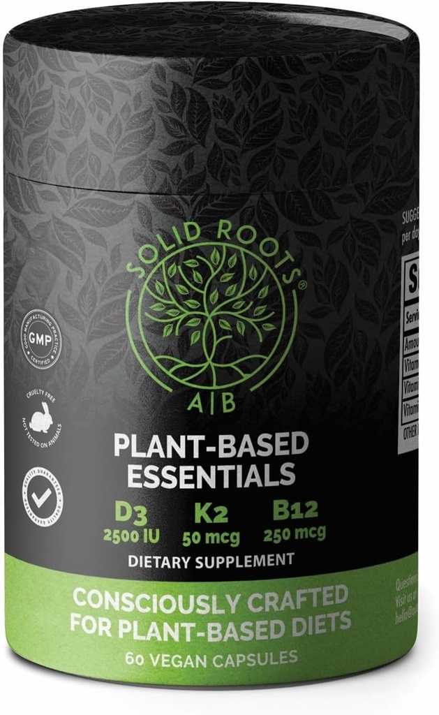 SOLID ROOTS Vegan Vitamin D3 + K2 + B12 für Knochen, Herz, Haut, Zähne pflanzliche Multivitamin Essentials