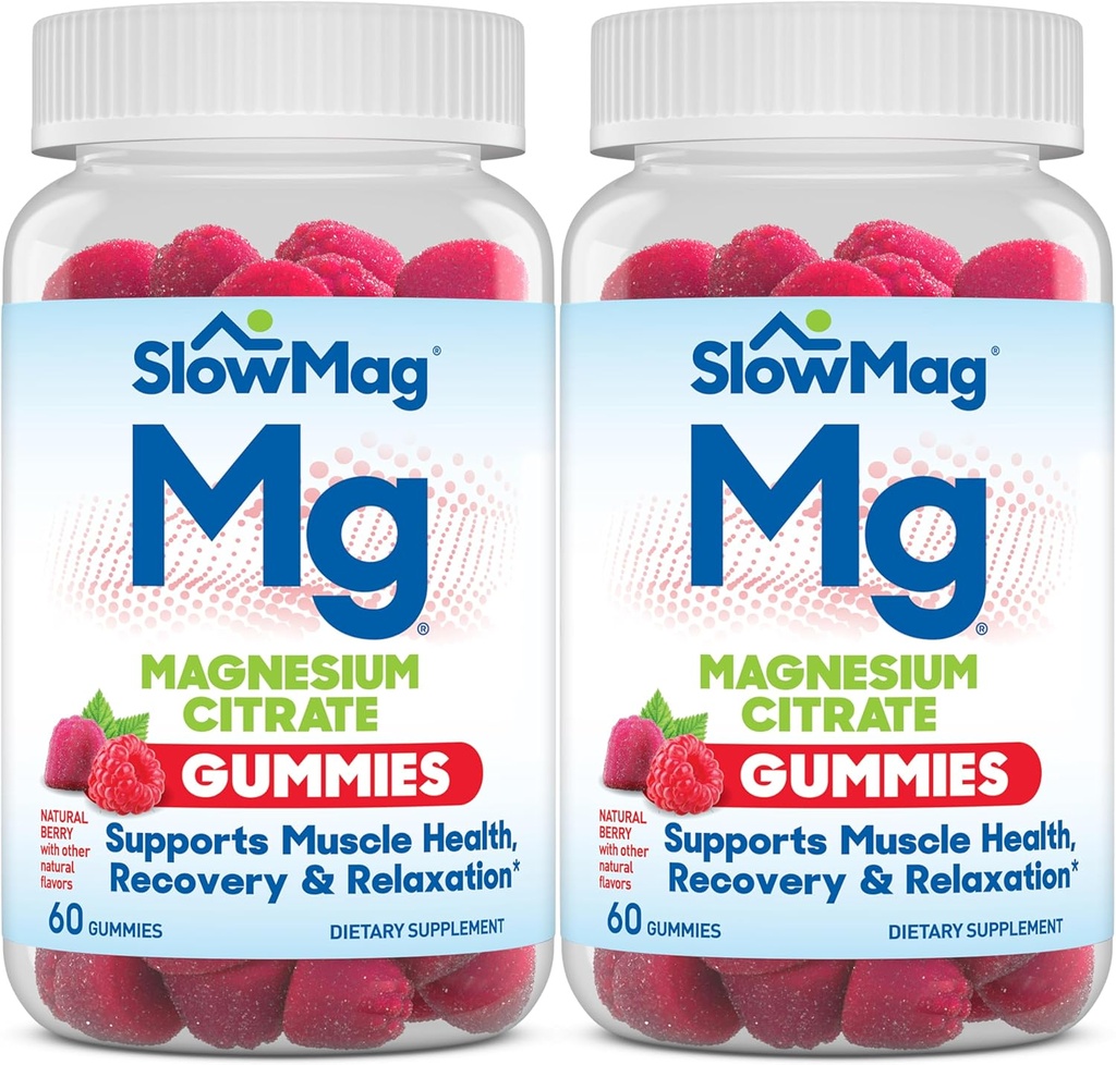 SlowMag Magnesium Citrate Gummis, 60 Count, unterstützt Muskel-Gesundheit, Natürliche Berry Flavor, Erholung & Relaxation Pack von 2