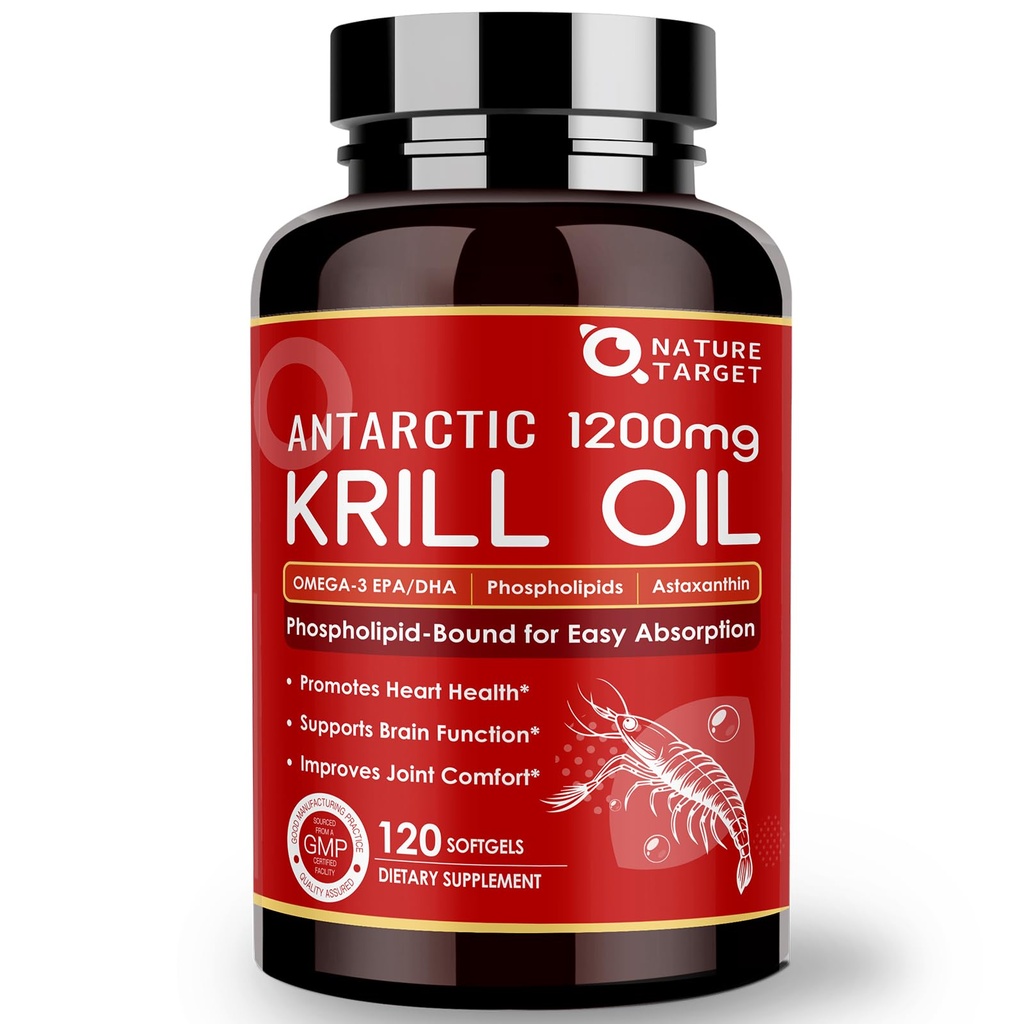 NATURE TARGET Krill Oil 1200mg mit Omega-3 EPA & DHA mit Astaxanthin, Phospholipide & Choline - Unterstützt Herz, Gehirn, Fügen Sie Gesundheit, Non-GMO, Glutenfrei, 120 Softgels (60 Servietten)