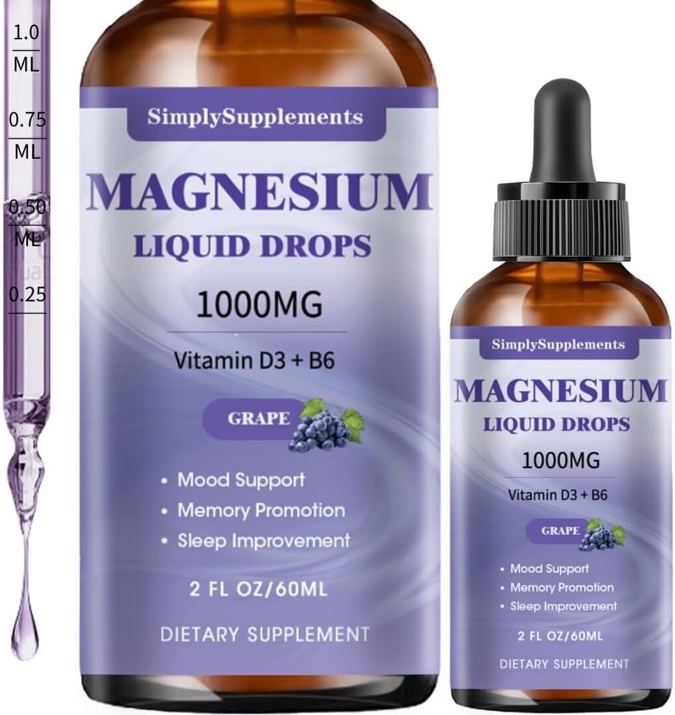 Triple Magnesium Complex Liquid Drops, 1000mg Magnesium Glycinate Tropfen, Taurate & Citrate mit L-Theanin, Vitamin D3 & B6 für Schlaf- und Muskelunterstützung, Calm Magnesium, Grape Flavor, 2 Fl OZ