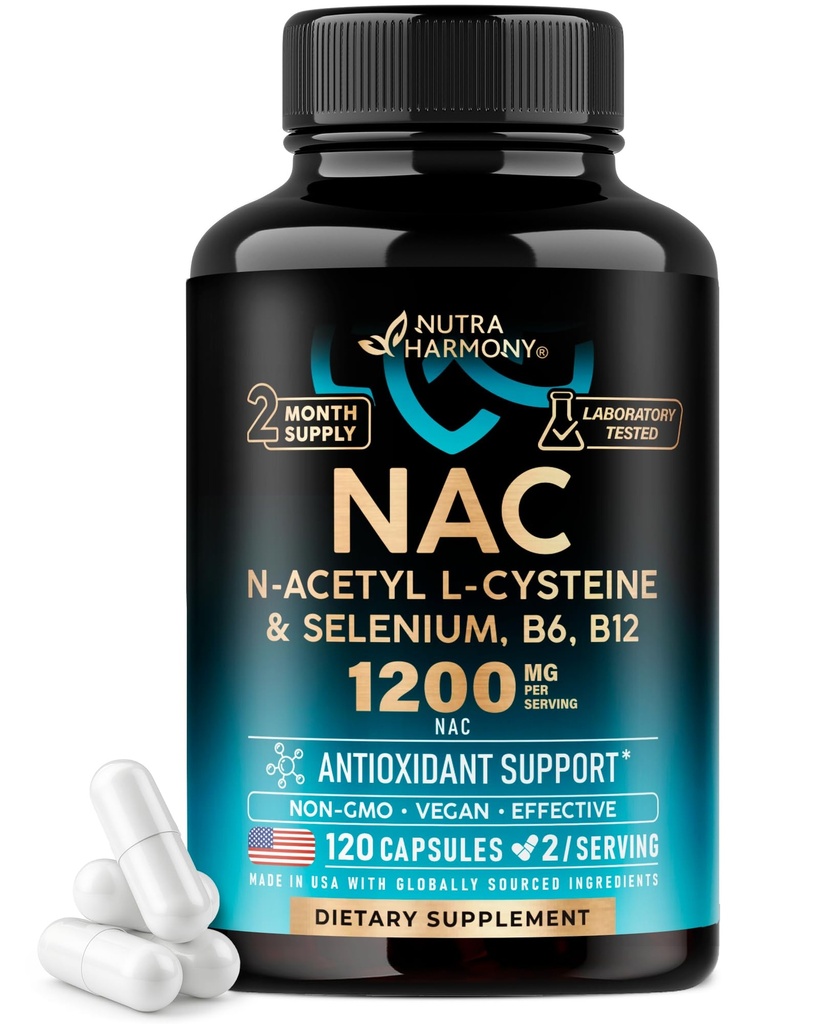 NAC Supplement | Selen | B6 | B12 - Antioxidans, Immune Support - N Acetyl Cystein 600 mg pro Kapsel, 1200 mg pro Portion - Made in USA - Non-GMO, Glutenfrei, Vegan - 120 Kapseln, 2 Monate Versorgung