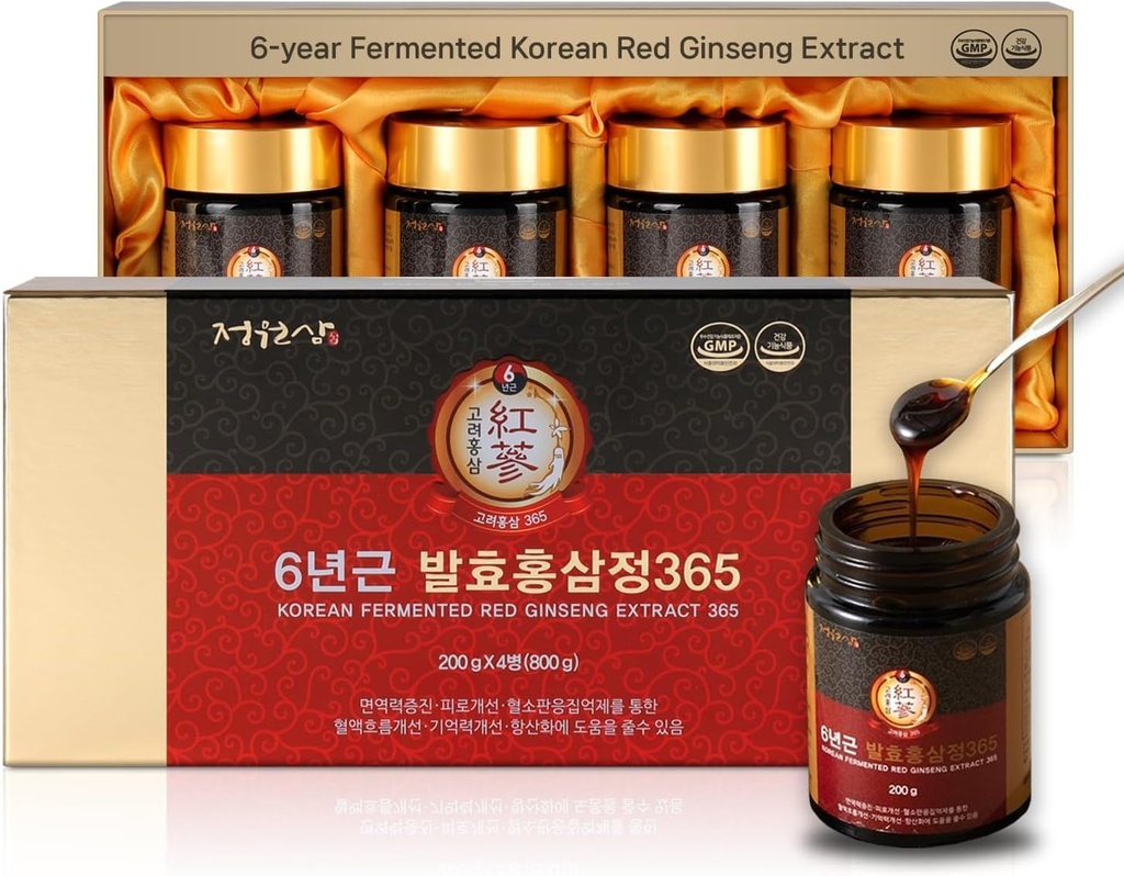 6-Jahr-Fermented Korean Red Ginseng Extract | 4X 200g Flaschen | 9.6mg Ginsenosides per 15g | Energie, Fokus, Fett, Immununterstützung | Kräuterergänzung für Männer & Frauen